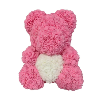 Medvídek z růží se srdcem 25 cm - růžový - v dárkovém balení - MN9412