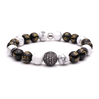 Minerální náramek MAGIC BALL z howlitu a obsidiánu s mantrou MN1144
